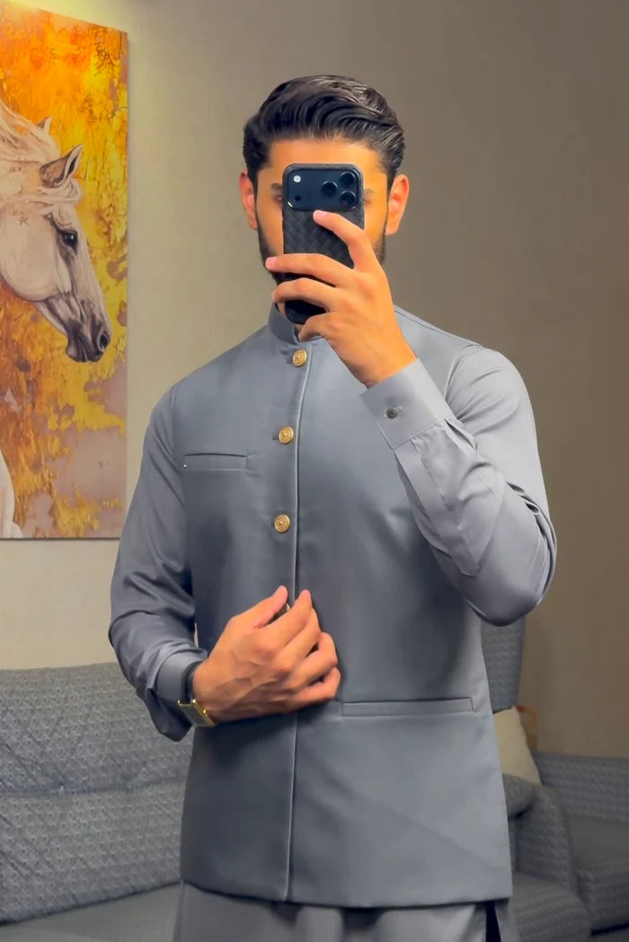 Bluish Grey Kurta Shalwar with Suiting Waistcoat